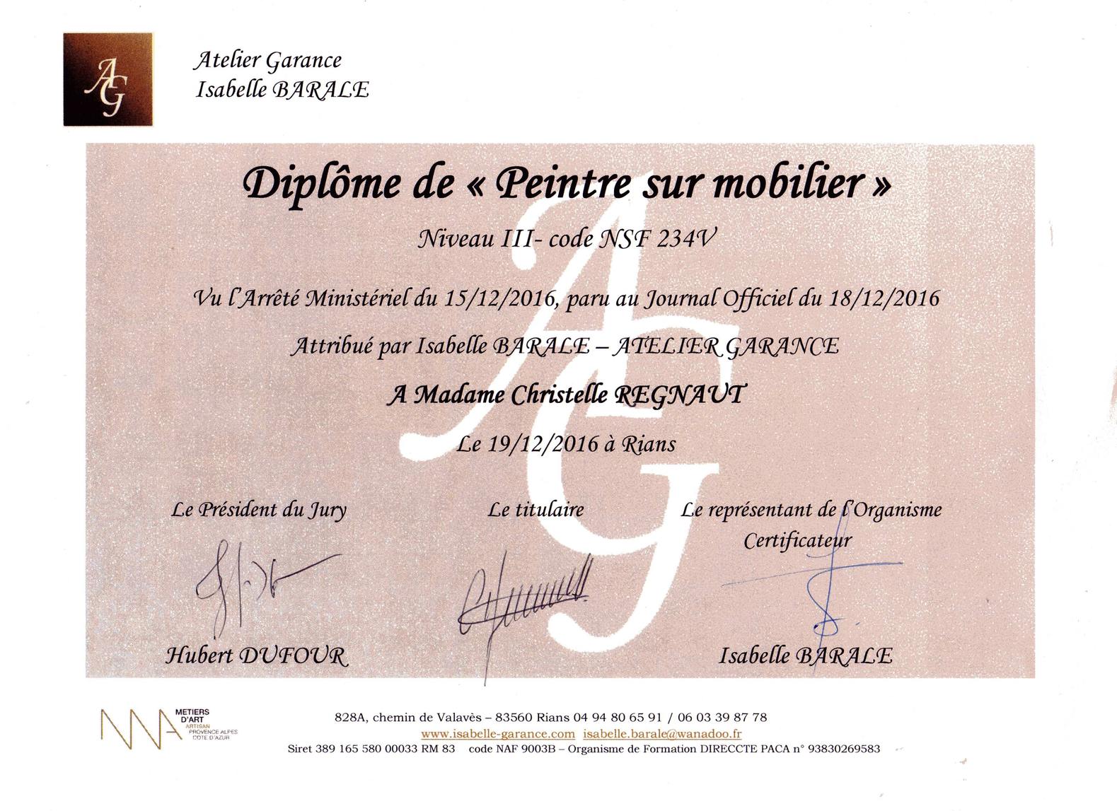 diplome peintre sur mobilier